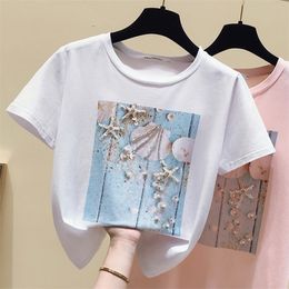 Pink Summer T shirt Women Tops White Tshirt Women Korean Clothes Short Sleeve Casual Purple Sequins Diamond Tee shirt Femme T200614