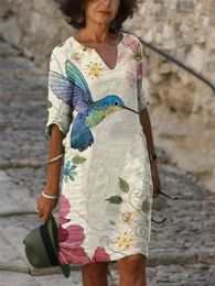 face printed dress UK - Vintage Women Dress Knee Length V Neck Lady Half Sleeve Floral Print Face Bird Casual Plus Size 3xl