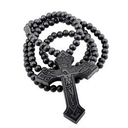 Pendant Necklaces Original Hip Hop Wood Cross Necklace For Men Colares Long Beads Chain Jesus Male Rock Jewellery GiftPendant