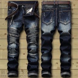 Drop Fashion Biker Jeans Men's Distressed Stretch Ripped Hip Hop Slim Fit Holes Punk Denim Cotton Pants 220813