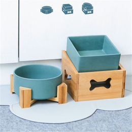 Ceramic Dog Cat Pet Puppy Bowls Feeding Feeder Water Detachable Height Adjustable High Capacity Single Double Y200917