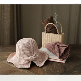 Cycling Caps & Masks 2022 Parent-child 100%Raffia Bow Sun Hat Wide Brim Floppy Summer Hats For Women Beach Panama Straw Dome Bucket Shade