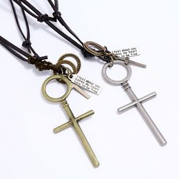 Retro Jesus Cross Pendant Necklace Adjustable Leather Chain Necklaces for women men punk Fashion Jewellery gift will and sandy