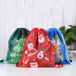 Christmas Drawstring Bag Xmas Santa Claus Snowman Elk Tree Printed Sling Storage Bags Polyster Backpacks Cartoon School Pouch Boys Girls Bundle Pocket