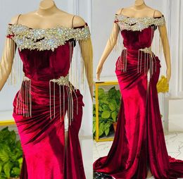 2022 Plus Size Arabic Aso Ebi Burgundy Luxurious Mermid Prom Dresses Beaded Crystals Evening Formal Parrty Second Reception Birthday Engagement Gowns Dress ZJ556