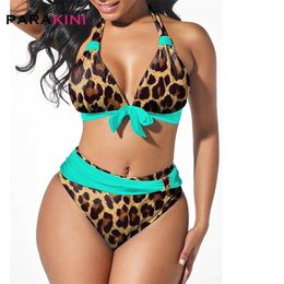 PARAKINI Women Bowknot Bikini Detail Floral Print Halter Neck Bikini Set Brazilian Swimsuit Bathing Suit Plus Size Swimwear 210319