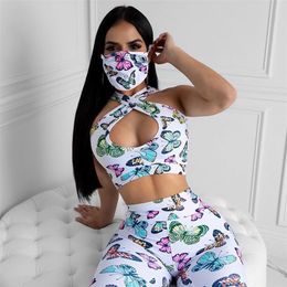 Women sleeveless halter hole sexy crop top leggings mask 3 pieces set sports wear tracksuit F858 T200702