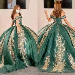 Off Dark Green the Shoulder Quinceanera Dresses Ball Gown Gold Lace Applique Beaded Pageant Formal Dress Sweet Birthday Party Prom Gowns s