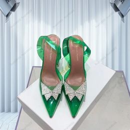 Amina Muaddi Womens sandals leather sole designer high heels 10cm crystal butterfly diamond chain decoration banquet women Green PVC wedding sexy formal shoes