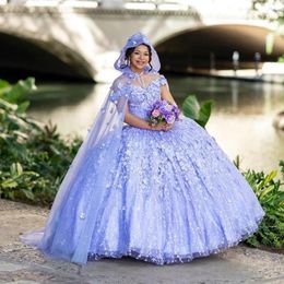 Lilac 3D Flowers Off The Shoulder Quinceanera Dress With Cloak Ball Gown Glitter Crystal Corset Sweet 15 Vestidos De XV Anos