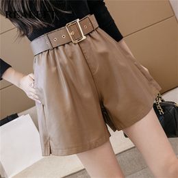 REALEFT Winter PU Leather Women's Shorts With Belt Stylish OL High Waist Pockets Casual Wide Legged Trousers Female 220427