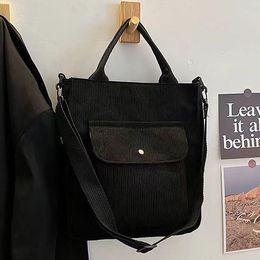 corduroy Shoulder Bag versatile tote bag simple large capacity messenger Bags Women Vintage Shopping Totes With Outside Pocket Black