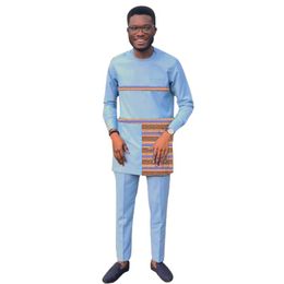 Men's Tracksuits Boutique Clothing Men's Groom Suit Light Blue Patchwork Shirts Trousers Pure Cotton Male Pant Sets African Wedding Outf