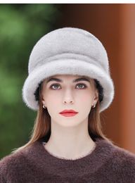 Winter Women Mink Fur Bucket Hat Ski Cap Drill Accessories Black