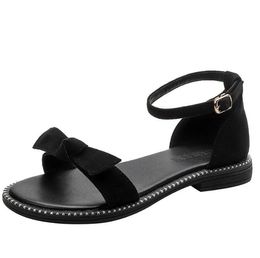 Moda nova sandália feminina nó laço casual salto baixo ao ar livre sapatos de praia chinelo com tira no tornozelo tamanho 35-41