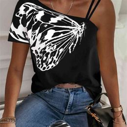 Summer Women Fashion Casual Tshirts Summer Top Tee Tops Tee-Shirts Plus Size One Shoulder Oversize T-shirt 210716