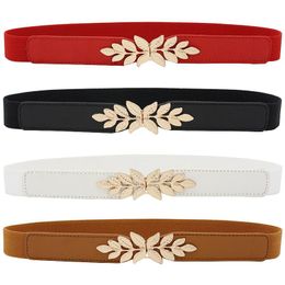 Belts Thin For Women Gold Leaves Shape Buckle Stretch Waist Belt Solid Colour Female Corset Dress Coat WaistbandBelts