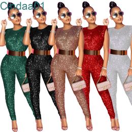 Designer Womens Clothing Summer Hot New Pants Fashion Sequins Sexy Sleeveless Jumpsuits With No Belt