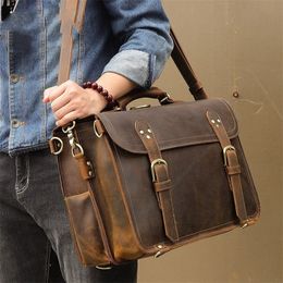 Genuine Leather Briefcase Bags Crazy Horse Leather Bag Men Office Bags For Men Leather Laptop Bag 17 Maletines Hombre Trabajo 201119