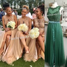 Bridesmaid Dresses 2022 Scoop Neck Beaded Pearls Side Slit Tulle Lace Applique Ribbon Illusion Maid of Honor Gown Plus Size