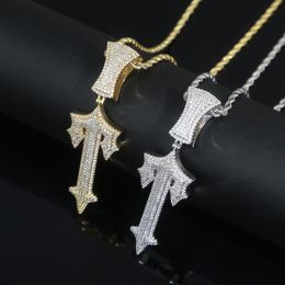 Chains Hip Hop Full Paved Iced Out Bling 5A Cubic Zirconia Letter Charms Cz Cross Sword Pendant Necklace For Men Boy Rock JewelryC263S