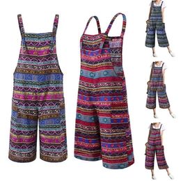 Women Jumpsuits Summer Overalls Multicolor Ethnic Style Sleeveless Casual Rompers with Pockets for Girls Playsuit Pants 220714