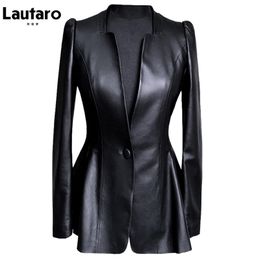 Lautaro Autumn Black Slim Soft Pu Leather Jacket Women Deep V Neck Long Puff Sleeve Elegant Luxury Skirted Blazer Fashion 210908