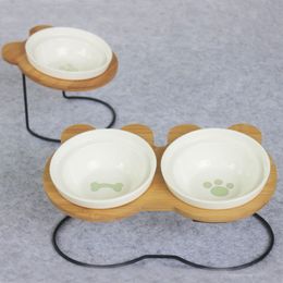 Highend Pet Bowl Bamboo Shelf Ceramic Feeding and Drinking Bowls for Dogs Cats Feeder Accessories Y200917