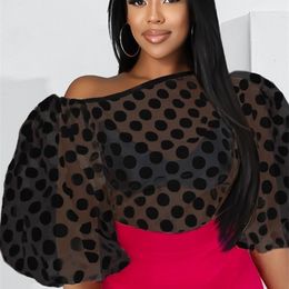 Elegant Women Blouse Tops Transparent Polka Dots See Through Puff Sleeve Large Size Shirts Fashion Blouses Party Club Wear 220518