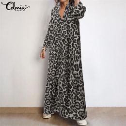 Bohemian Women Sexy Leopard Print Dress Celmia Autumn Flare Sleeve Loose V Neck Pleated Maxi Long Vestidos Robe Plus Size T200416