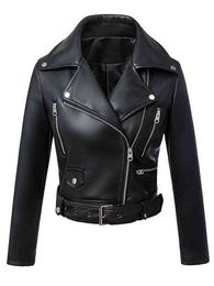 Fitaylor Black Faux Leather Jacket Women Spring Autumn Short Soft Pu Leather Jackets With Belt Zipper Moto Biker Coat L220728