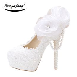 BaoYaFang white flower Women wedding shoes Bride Party dress shoes woman High heel platform shoes ladies handmade Lace shoe 210225