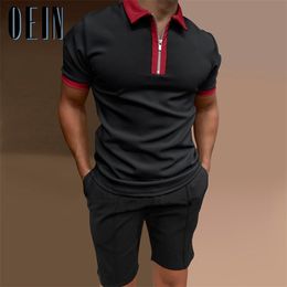 Summer Men's Tracksuit Cotton Solid Colour Short Sleeve Zipper Polo Shirt Shorts Sets Men Casual Streetwear 2 Piece Suit 220601