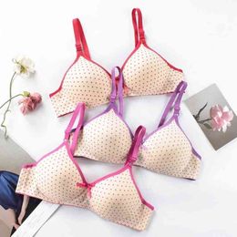 Japanese Cute Bow Thin Model A B Cup Women Cotton Bowl Bra Breathable Wave Point Rimless Underwear Adjustable Wire Free Bras L220726