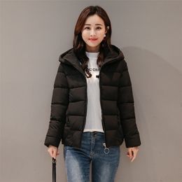 Winter Hooded Short Jacket Women Plus Size Solid Women's Parkas Stand Collar Loose Cotton Padded Casual Thick Coat Ladies 201127