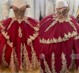 Dark Red Quinceanera Dresses Gold Lace Applique Sequins Beaded Off The Shoulder Tiered Tulle Sweet 16 Pageant Ball Gown Custom Made Formal Ocn Vestidos 403 403