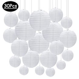 30pcslot 412 White Chinese Paper Lanterns Ball Hanging Round Lantern for Wedding Birthday Party Eid Ramadan Decorations 220527