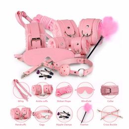 BDSM Bondage Restraint Set sexy Handcuffs Whip Bullet Toys For Woman Adult SM Fetish Nipple Clip Erotic Games