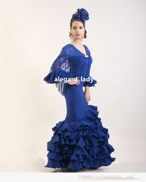 Royal Blue Retro Palace Mermaid Prom Dresses 2022 Long Sleeve Ruffles Bottom Lamenco Dress ABRIL Strech Lace Evening Gown