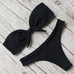 Women's Swimwear Beach Bikini 2022 Woman Sexy Front Bowknot Strapless Solid Tube Top Swimsuit Female Push Up Bow Bathing Suit Thong
