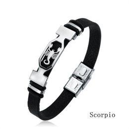 12 Constellation Stainless Steel Cuff Bracelet Men Women Zodiac Sign Black Leather Wrap Bracelet Jewellery Pulseras Hombre GC1211