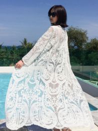 Women's Swimwear Dress Beach White Lace Summer Maxi Women Long Sleeve Cover Up Sexy See Through Boho Bikini Beachwear Cover-upsWomen's