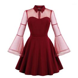 sexy keyhole dresses Australia - Casual Dresses Womens Plus Size Bell Sleeve Vintage Swing Dress Halloween Gothic Lapel Collar Keyhole Sexy See-Through Mesh Patchwork Wear