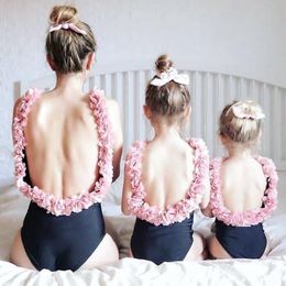 Family Matching Outfits One-Pieces Summer Parent-Child Swimwear Mom Daughter Bodysuit Swimsuit Girls Solid Color Petal Beach Biki