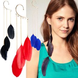 Dangle & Chandelier Pair Summer Sexy Long Tassels Bohemia Red Feather Earring Female Girl Drop Earrings Ear Clip CuffDangle