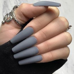 french manicured nails UK - False Nails 24pcs Long Ballet Matte Frosted Gray Wearing Nail Finished Fake Patch Coffin Full Cover Tips French Manicure ToolFalse Stac22