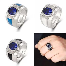 Vintage Silver Men's Ring Round Sapphire Gemstone Wedding Party Jewellery Accessories Gift Open Finger Diamond Rings For Male