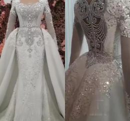 Luxury Crystals Beaded Mermaid Wedding Dresses Bridal Gown with Overskirt 2022 Scalloped V Neck Long Sleeves Custom Made Plus Size Sweep Train vestido de novia