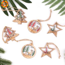 6PCSLot Vintage Printed Christmas StarTreeBall Wooden Pendants Ornaments Wood Crafts Tree Decorations Y201020