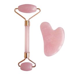 2pcs/Set Kamien Gua Sha Stone For Face Massage Rose Quartz Jade Stone Face Massage Roller Gua Sha Scraper Board Face